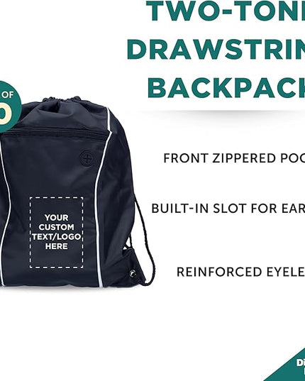 DISCOUNT PROMOS Two-Tone Drawstring Backpack Non-Woven - 10 pack - Customizable Text, Logo - Durable Sports Backpacks - Ideal for Work, Sports, Travel, Gym & More - Black