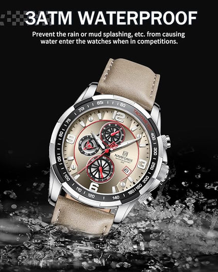 NAVIFORCE Sport Watches for Men Analog Quartz Chronograph Leather Strap Wrist Watch