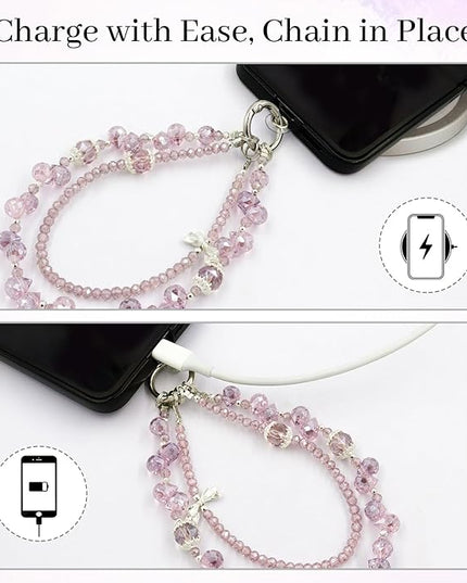Phone Charm for Women, Anti-Theft Phone Wrist Strap Hands-Free, Crystal Beaded Chain, Detachable Cellphone Lanyard with Tether Tab