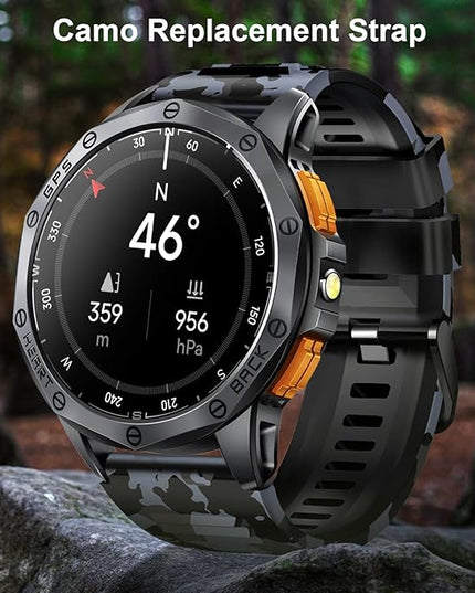 Military Smart Watches Built-in GPS, 170+ Sport Modes for Men with Flashlight, Smartwatch for Android Phones and iPhone, 1.43" AMOLED Screen Bluetooth Call Compass Altimeter (Black & Camo (2 Bands))