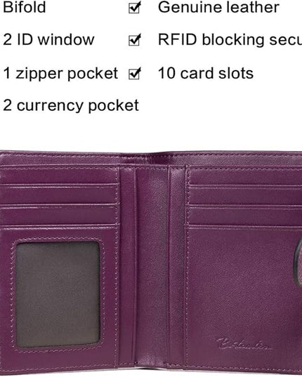 BOSTANTEN Women Leather Wallet RFID Blocking Small Bifold Zipper Pocket Wallet Card Case Purse with ID Window