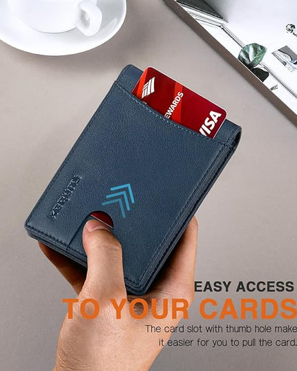 RUNBOX Slim Wallet for Men Genuine Leather RFID Blocking Bifold Minimalist Front Pocket Mens Wallet with Money Clip Thin Gift Box
