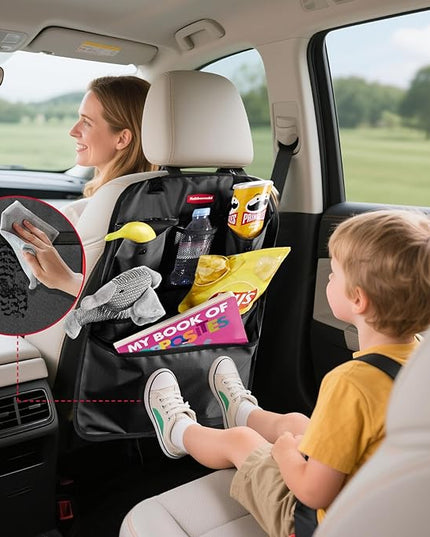 Rubbermaid Backseat Car Organizer, Kick Mats and Seat Back Protector, Car Organizer for Kids with 6 Storage Pockets, Travel Essentials for SUV, Truck, Car - 2 packs Black