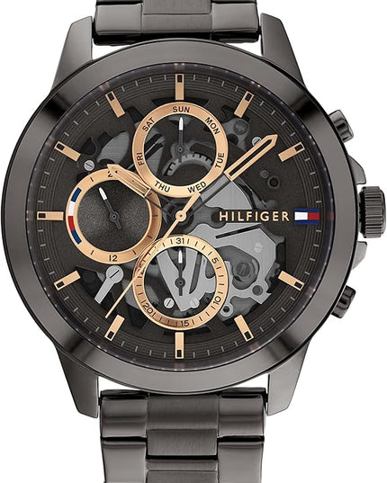 Tommy Hilfiger Men's Dressy Watch – Quartz Multifunction, Stainless Steel Case, Skeleton Dial, Link Bracelet – Gift for Him