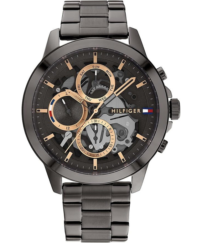 Tommy Hilfiger Men's Dressy Watch – Quartz Multifunction, Stainless Steel Case, Skeleton Dial, Link Bracelet – Gift for Him