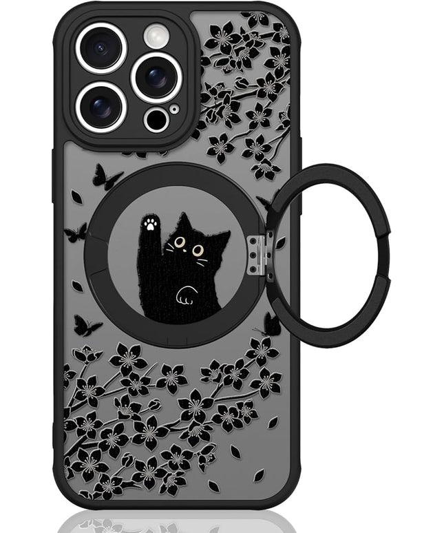 Cute Case for iPhone 13 Pro Case with Stand [ Compatible with MagSafe ] Kawaii Black Cat & Floral & Butterflies Pattern Design 360 Magnetic Ring Kickstand Phone Cover for Women Girls Boys