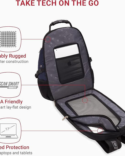 SwissGear 1900 ScanSmart 17” Laptop Backpack Blue/Black – Reflective Tech Backpack with ScanSmart Compartment – Multiple Organizer Pockets & RFID Scan Blocking Technology