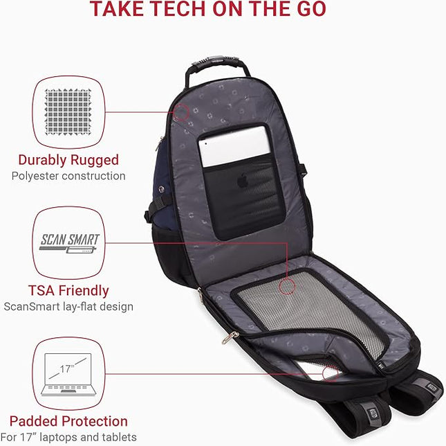 SwissGear 1900 ScanSmart 17” Laptop Backpack Blue/Black – Reflective Tech Backpack with ScanSmart Compartment – Multiple Organizer Pockets & RFID Scan Blocking Technology