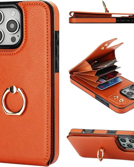 Folosu Compatible with iPhone 16 Pro Max Case Wallet with Card Holder, 360°Rotation Finger Ring Holder Kickstand, RFID Blocking Leather Protective Double Buttons Shockproof Cover 6.9 Inch Brown