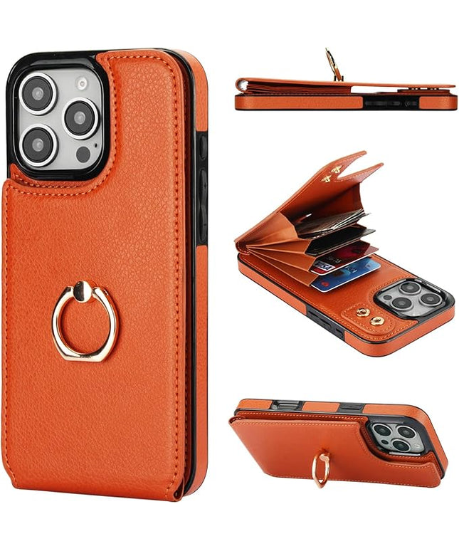 Folosu Compatible with iPhone 16 Pro Max Case Wallet with Card Holder, 360°Rotation Finger Ring Holder Kickstand, RFID Blocking Leather Protective Double Buttons Shockproof Cover 6.9 Inch Brown