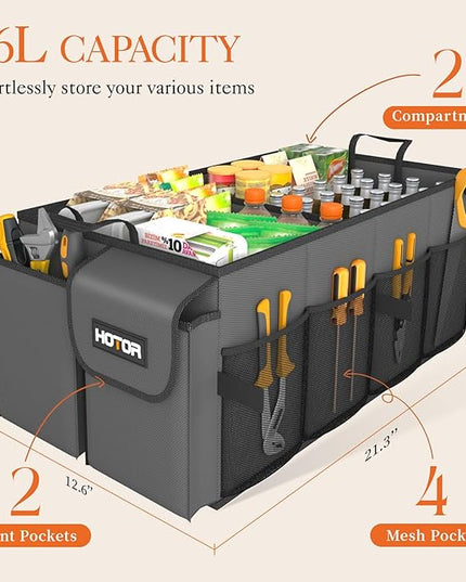 HOTOR Foldable Trunk Organizer - 2-Compartment 21.3"×12.6"×10.6" Grey SUV & Sedan Organizer for Accessories, Tools and Sundries
