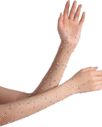 Women Rhinestone Fishnet Long Gloves Mesh Sparkly Glitter Fashion Opera Gloves For Party Halloween Costumes Accessories