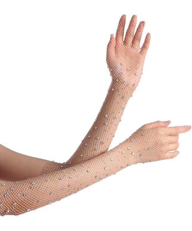 Women Rhinestone Fishnet Long Gloves Mesh Sparkly Glitter Fashion Opera Gloves For Party Halloween Costumes Accessories