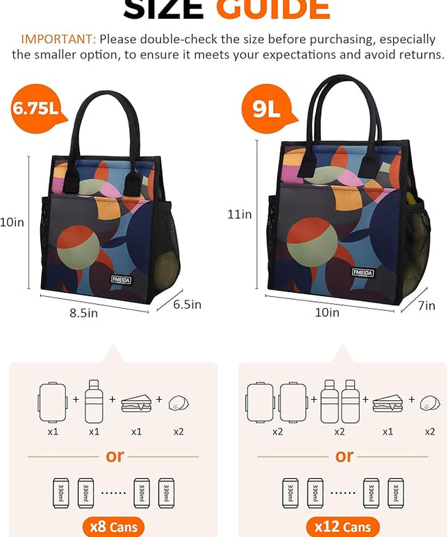 Fmeida Insulated Lunch Bag Women, 9L Large Lunch Bags with Multiple Pockets, Reusable Thermal Cooler Tote for Work, Office, Picnic, Travel | Hook and Loop Closure, Multicolor