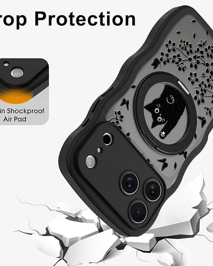 Wavy Case for iPhone 17 Pro Max Case with Stand [Compatible with MagSafe] Cute Black Cat & Floral & Butterflies Pattern Design, Kawaii 360 Magnetic Ring Kickstand Phone Cover for Women Girls