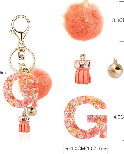 Resin Alphabet Initial Letter Keychain Keyring for Women Purse Handbags With Fur Ball Pom