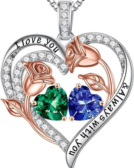 Iefil Christmas Gifts for Women Wife - 925 Sterling Silver Rose Heart Birthstone Necklace Birthday Anniversary Jewelry Gifts for Her Wife Mom Daughter