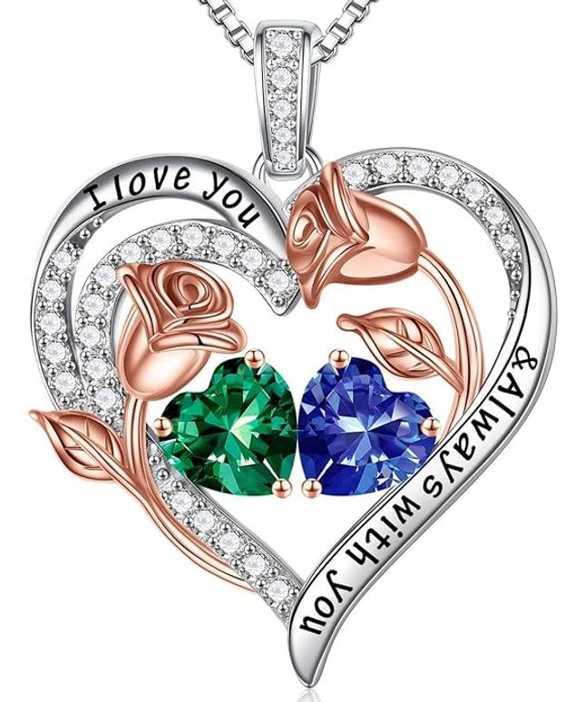 Iefil Christmas Gifts for Women Wife - 925 Sterling Silver Rose Heart Birthstone Necklace Birthday Anniversary Jewelry Gifts for Her Wife Mom Daughter