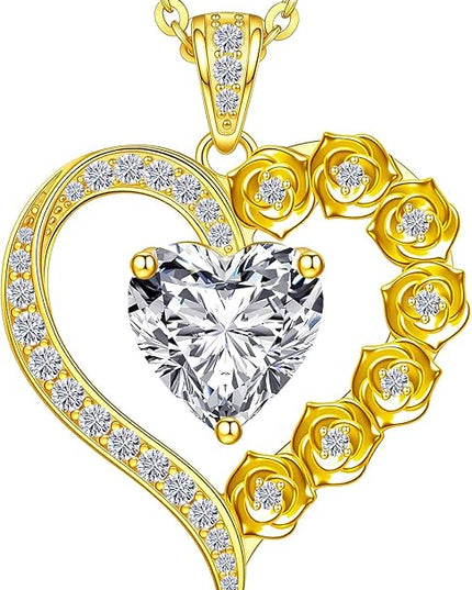 Beam & Bask 2-3 Carat Moissanite Rose Flower Heart Necklace for Her, Sterling Silver Plated with 18K Gold, Birthday, Wedding, Anniversary Pendant Jewelry for Girlfriend, Wife, Bride, Soulmate