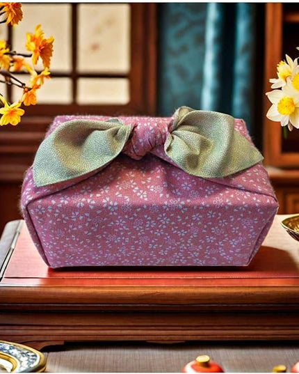 Furoshiki Japanese Wrapping Cloth - Large 27.6 Inch Reversible Eco Gift Wrap, Reusable Bento Bag Christmas Birthday, Cherry Blossom Design (Leaf Green & Pink)