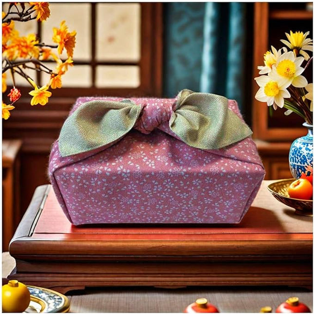 Furoshiki Japanese Wrapping Cloth - Large 27.6 Inch Reversible Eco Gift Wrap, Reusable Bento Bag Christmas Birthday, Cherry Blossom Design (Leaf Green & Pink)