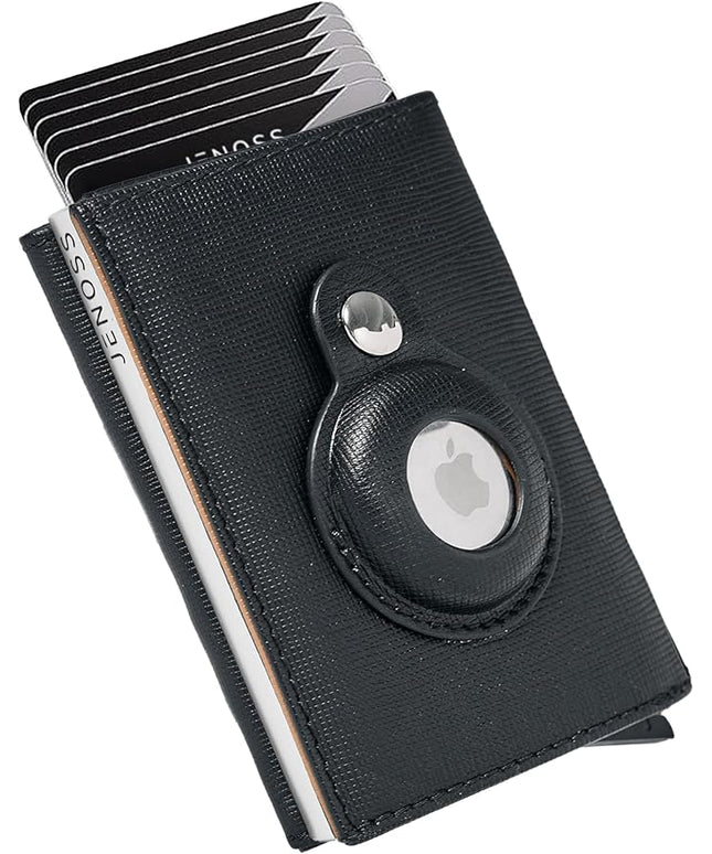 Jenoss Smart AirTag Wallet for Men: Full Grain Leather, Handcrafted, Silver Pop Up Case,Slim, RFID Blocking Credit Card Holder Compact, 12 Slot Organizers ID Cash Apple Air Tag Tracker (Black&Brown)
