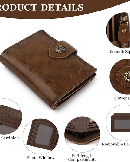 MKSSKEN Wallet Women,Rfid Blocking Leather Womens Wallet,Bifold Compact Carteras Para Mujer Card Holder with Removable ID Window(deepcoffee)