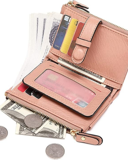AOXONEL Women's Wallets Leather Wallets for Women Rfid Small Ladies Wallet Billfolds for Women,Trifold Mini Wallets for Women with Double Zipper Coin Pocket (Pink)