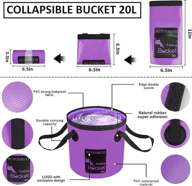AUTODECO 22Pcs Car Wash Cleaning Tools Kit Car Detailing Set with Canvas Bag Purple Collapsible Bucket Wash Mitt Sponge Towels Tire Brush Window Scraper Duster Complete Interior Car Care Kit