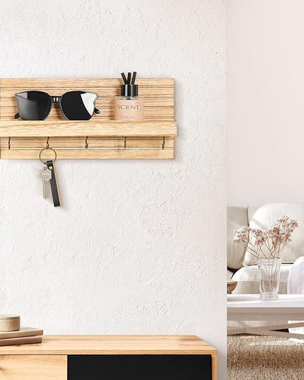 Lwenki Decorative Key Holder for Wall with Shelf, Entryway Shelf with Hooks Holds Leashes, Jackets and Glasses – Sturdy Wood Keyholder Entrance Hanger with Mounting Hardware (Wood, Medium)
