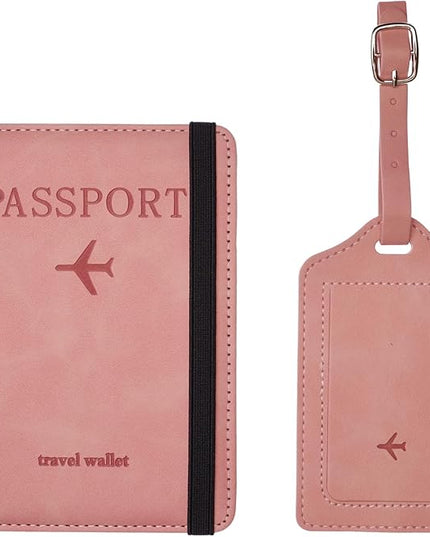Luggage Tag and Passport Holder Set,Passport Cover with Card Slot and Boarding Pass Slot Combo,Passport Travel Must Have, Waterproof and Scratch Resistant Travel Accessories（Pink）