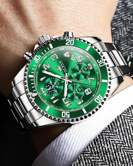 OLEVS Mens Watches Chronograph Watch Luxury Dress Stainless Steel Waterproof Watches for Men Moon Phase Luminous Business Calendar Wrist Watch Blue/Black/Green/Gold/Face