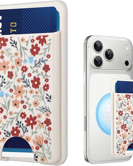 Stronger Magnetic Card Slot Wallet for iPhone 17/16/15/14/13/12 Series (Not for 13/12 Mini), Floral Pattern Hard Card Holder Fit 3 Cards Compatible with Magsafe Accessories, White