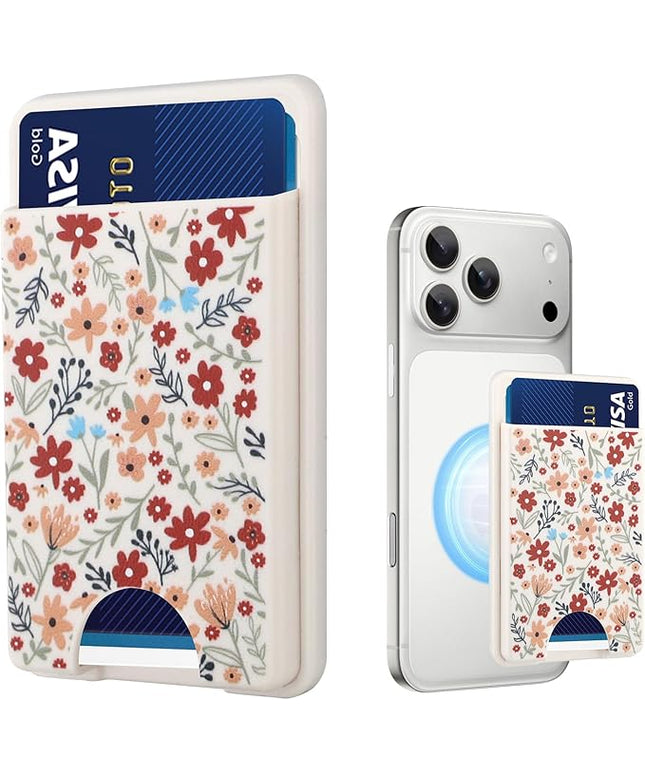 Stronger Magnetic Card Slot Wallet for iPhone 17/16/15/14/13/12 Series (Not for 13/12 Mini), Floral Pattern Hard Card Holder Fit 3 Cards Compatible with Magsafe Accessories, White