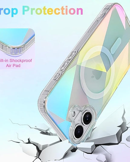 Cute Case for iPhone 17 Case for Women Girls [ Compatible with Magsafe ] Clear Glitter Girly Aesthetic Rainbow Sparkly Bling Magnetic Phone Cover, Iridescent Geometry