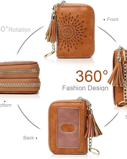 APHISON RFID Credit Card Holder Zipper Card Case Keychain Small Wallet for Women 1942-2 BROWN