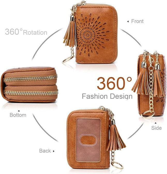 APHISON RFID Credit Card Holder Zipper Card Case Keychain Small Wallet for Women 1942-2 BROWN