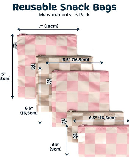 Tiny Twinkle 5 Pack Reusable Snack Bags - Machine Washable, PFAS, PVC, BPA, Phthalate-Free Reusable Baby and Toddler Food Safe Snack Bags (Checkers Pink Brown)