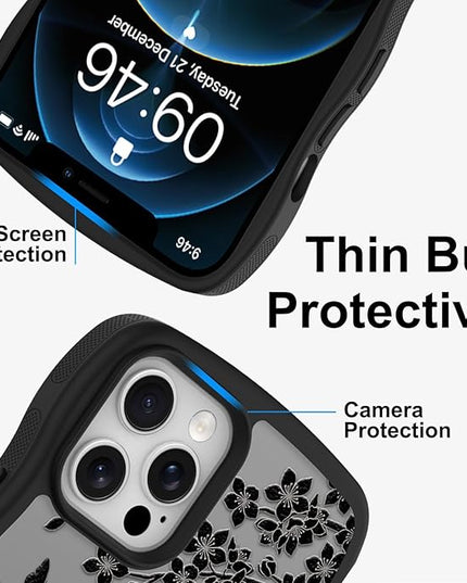 Wavy Case for iPhone 12 Pro Case with Stand [Compatible with MagSafe] Cute Black Cat & Floral & Butterflies Pattern Design, Kawaii 360 Magnetic Ring Kickstand Phone Cover for Women Girls