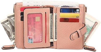 AOXONEL Women's Wallets Leather Wallets for Women Rfid Small Ladies Wallet Billfolds for Women,Trifold Mini Wallets for Women with Double Zipper Coin Pocket (Pink)