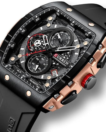 PASOY Luxury Chronograph Watches for Mens Rubber Strap Black Waterproof Date Analog Quartz Watch