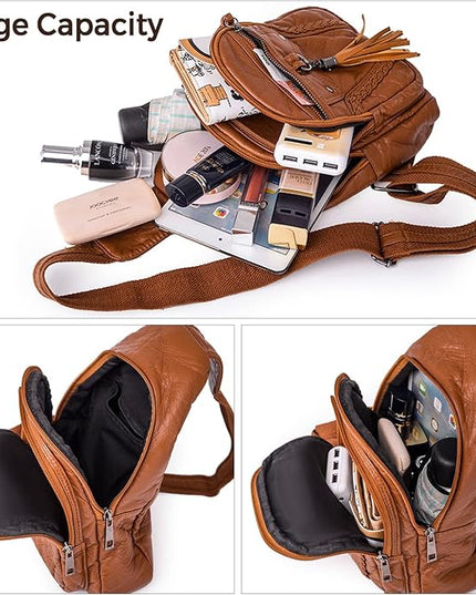 Peicees Leather Sling Bag For Women Waterproof Crossbody Bag Chest Bag Fashionable Small Backpack Purse For Travel Hiking
