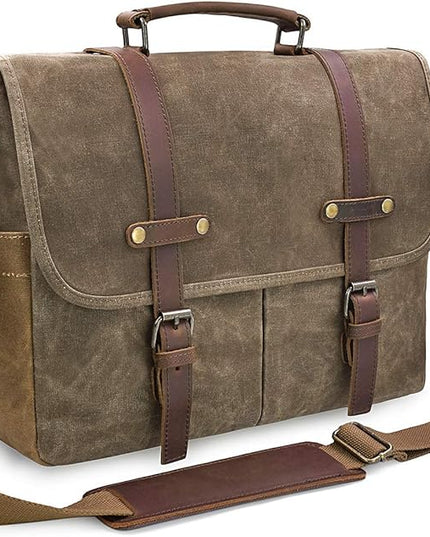 Mens Messenger Bag 15.6 Inch Waterproof Vintage Genuine Leather Waxed Canvas Briefcase Large Satchel Shoulder Bag Rugged Leather Computer Laptop Bag, Khaki