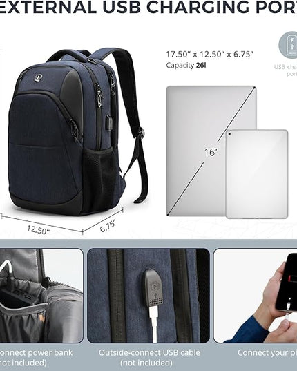 Swissdigital Design Travel Laptop Backpack for Men and Women, Business Backpack with USB Charging Port for Fits 16 Inch Notebook, Blue | SD1670-12