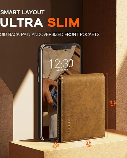 RUNBOX Wallet for Men Slim Leather Bifold RFID Blocking Minimalist Front Pocket Design with Gift Box