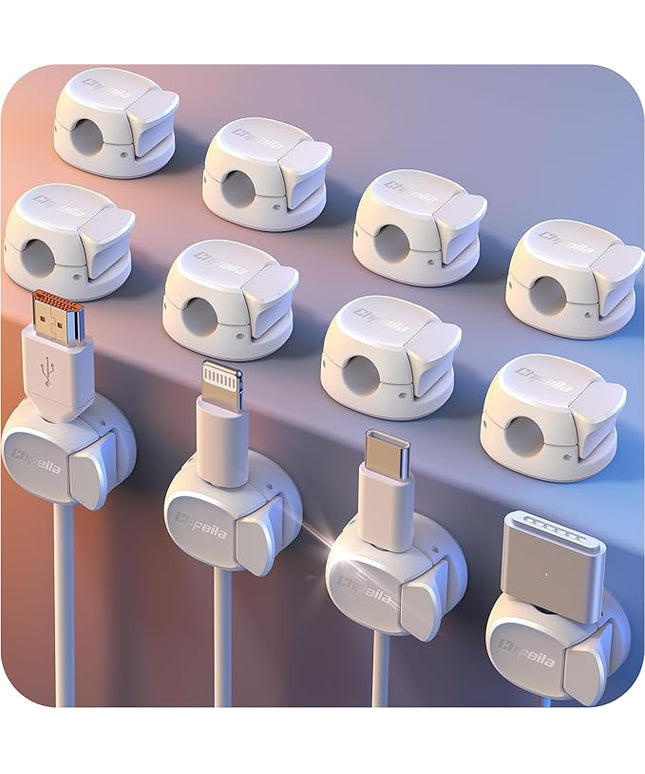 12Pack Cord Organizer [Dual Spring & Clasp] [Max Stability] Cable Clips, Chfeila Cord Holder, Desk Cable Management, Adhesive Wire Organizer for Home Office Desktop Nightstand Car Table Wall - White