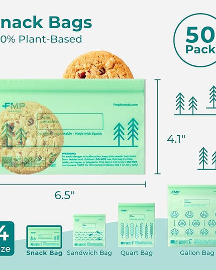 Fit Meal Prep 50 Pack 100% Compostable Snack Bags, 6.5 x 4.1" Resealable Food Storage Bags Snack Size, Plant-Based Freezer Bags for Food, ASTM D6400, US BPI & EU OK Compost Certified
