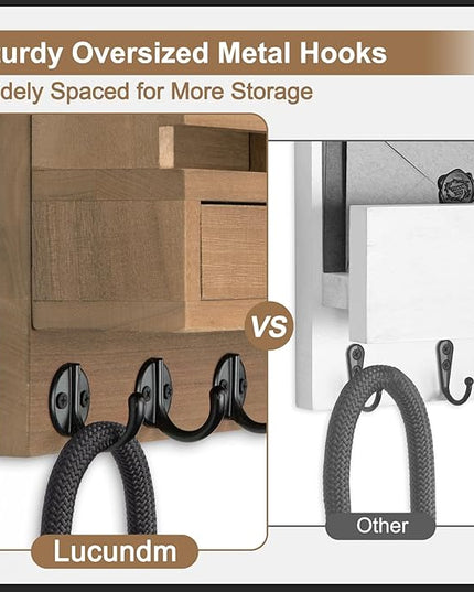 Lucundm Key Holder Wall Mount, Mail Holder with Storage Drawer and 5 Key Hooks for Coat, Dog Leash, Home Decor Rack, House Accessories, Entry Way Organizer (Light Brown)