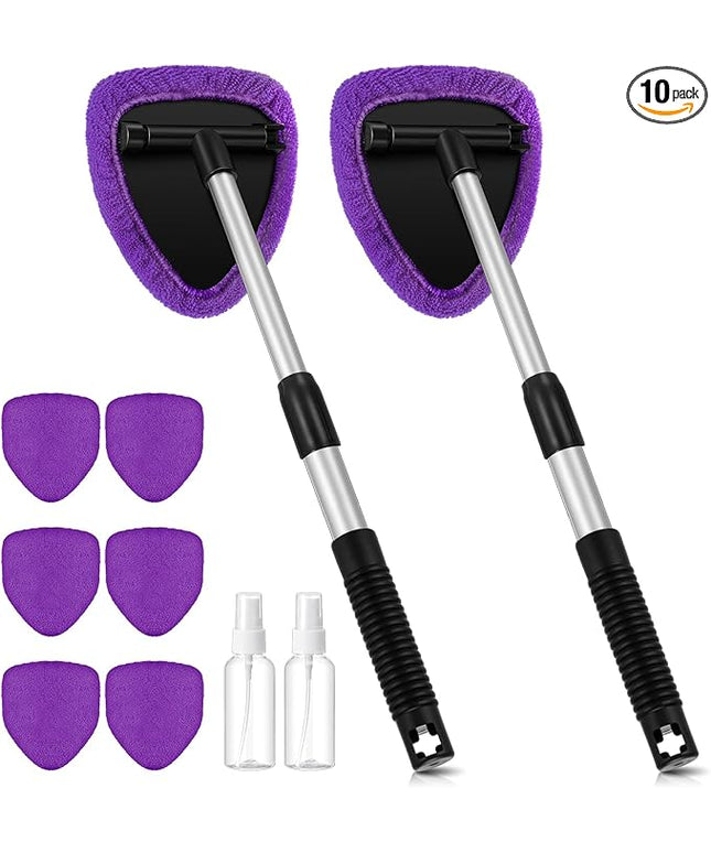 Baderke 10 Pcs Windshield Cleaner Tool Car Window Cleaning Supplies with Extendable Handle Include 6 Washable Microfiber Bonnets 2 Empty 60ml Spray Bottle Glass Wiper Kit(Purple)