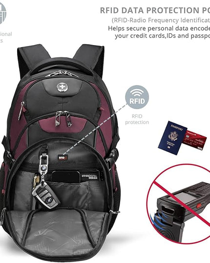 Swissdigital Design Laptop Backpack with USB Charging Port, Travel Backpack Fits 15.6 inches Computer, 31L College School Backpack for Women, Angola red/Black | SD803-44